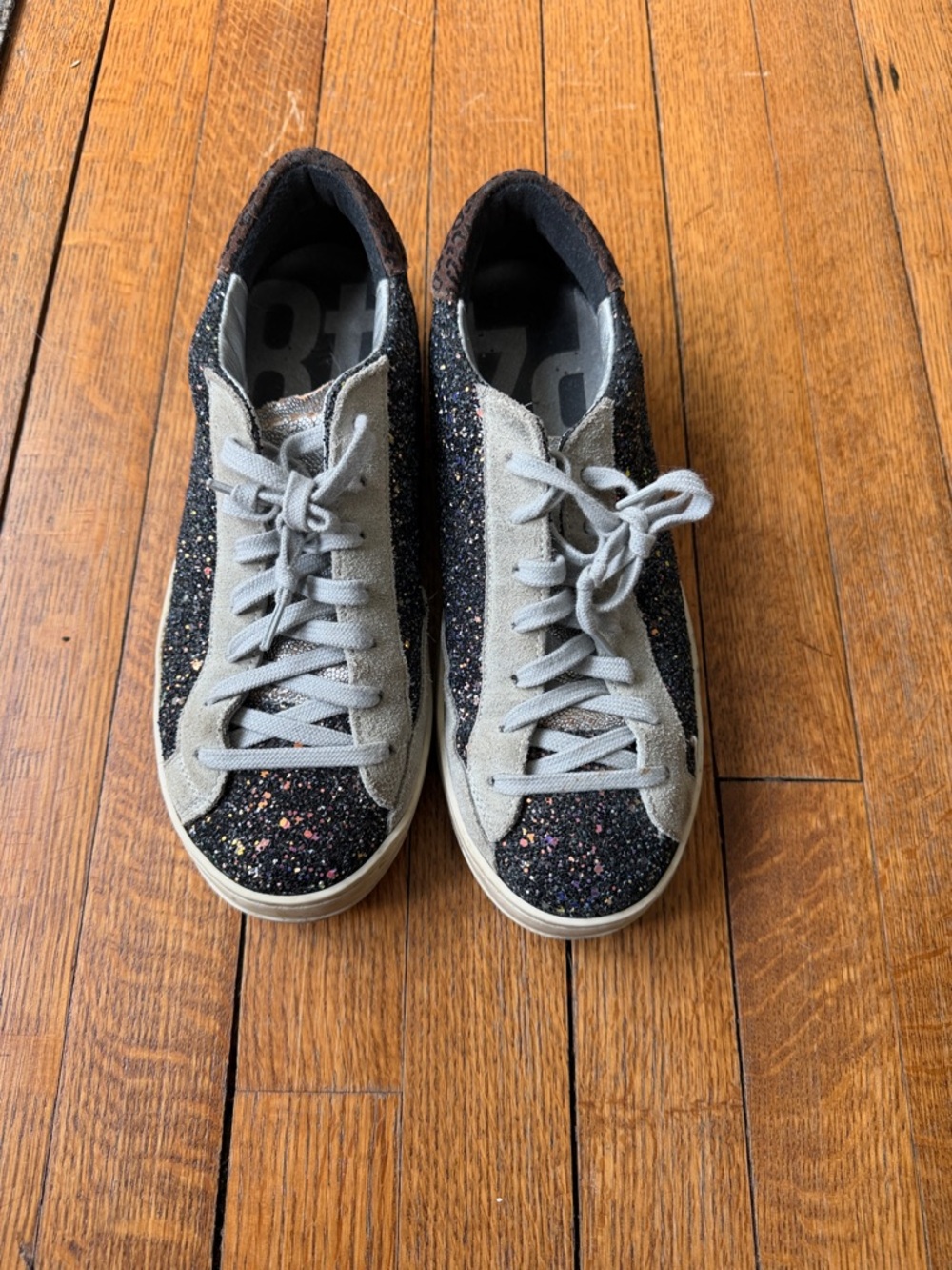 P448 Black Glitter Lace-Up Sneakers with Gray Suede Trim